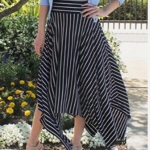 CAbi Black and White Striped Asymmetrical Handkerchief Hem Skirt